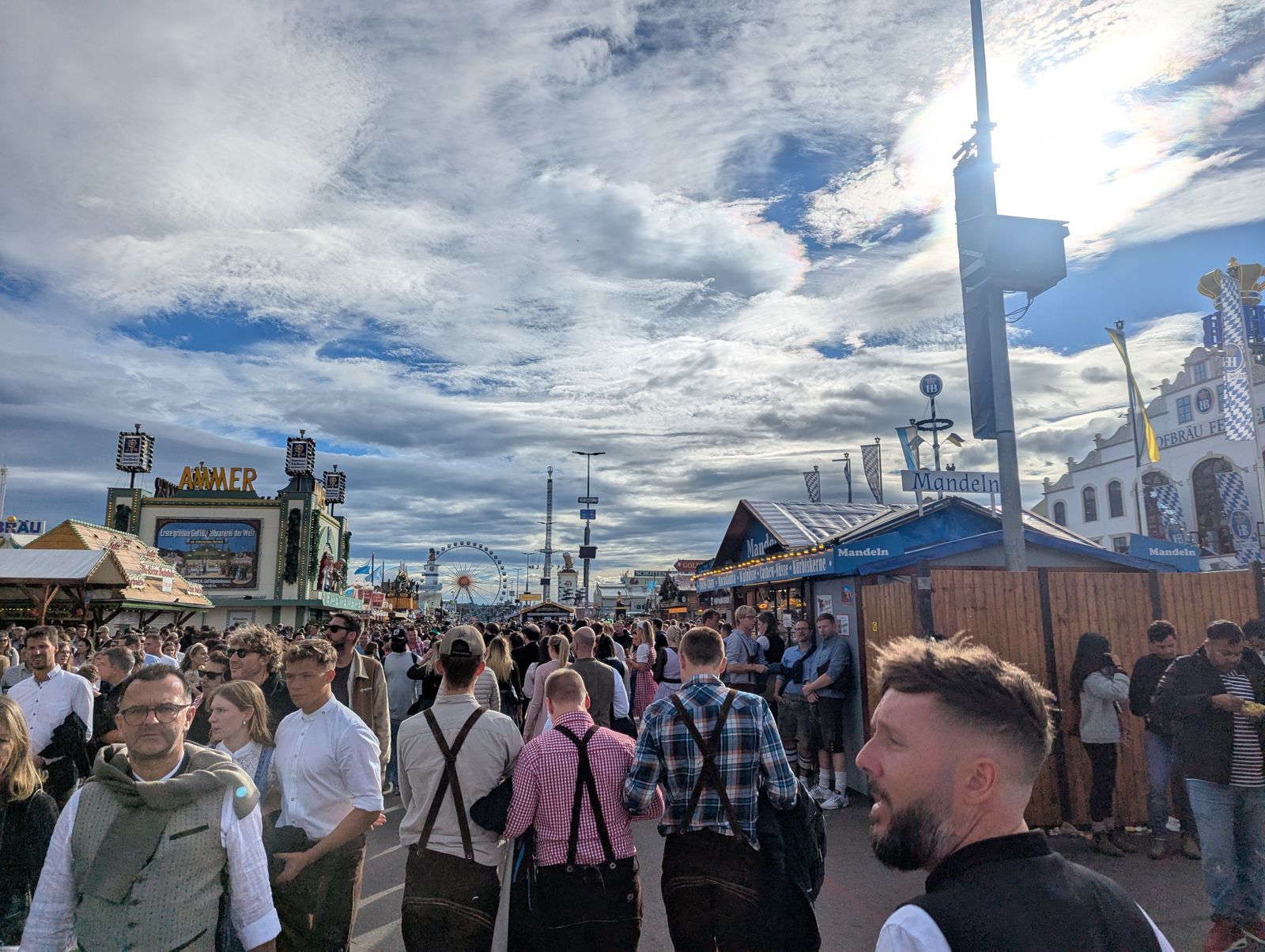 Packed Oktoberfest avenue on a Saturday afternoon with crowds in lederhosen