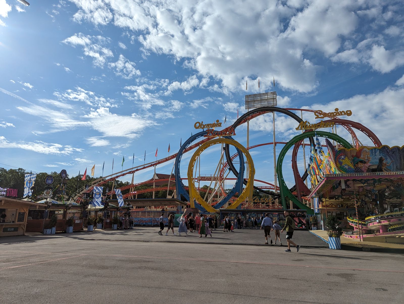 Olympia Looping rollercoaster with its five rings against a blue sky